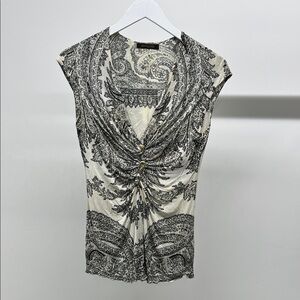 Roberto Cavalli Cream and Black Paisley Ruched Cap Sleeve Blouse